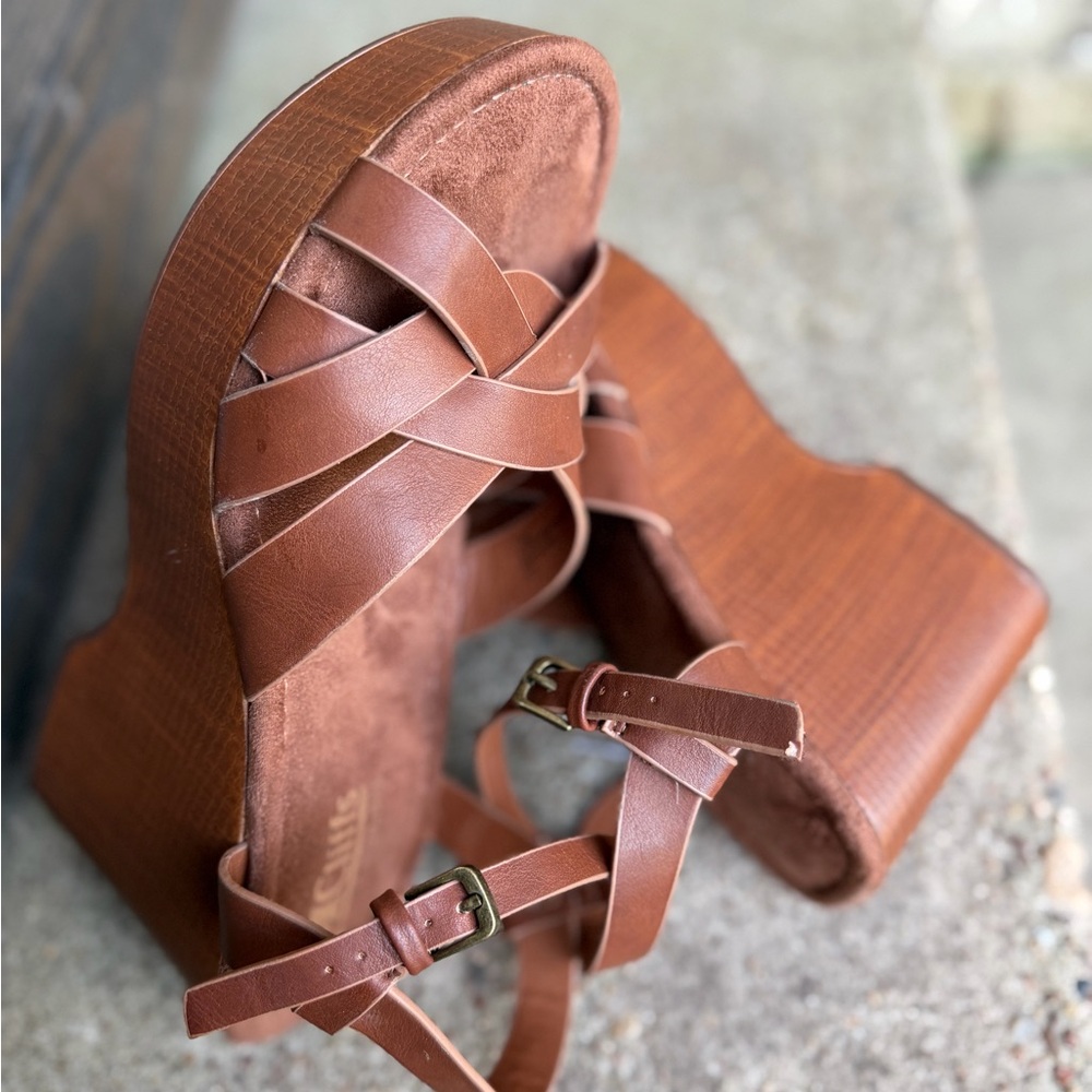 Women’s Brown Platform Wedge Sandals - Strappy Ankle Strap